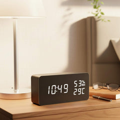 Wooden Alarm Clock with Voice Control, Digital Display, Temperature Reading, Time and Date, Modern Design, Desk Accessory, Bedroom Decor, Minimalist Style