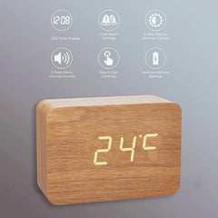 Wooden Digital Alarm Clock with Temperature, LED Desk Clock