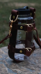 Full Grain Leather Water Bottle Carrier, Adjustable Shoulder Strap