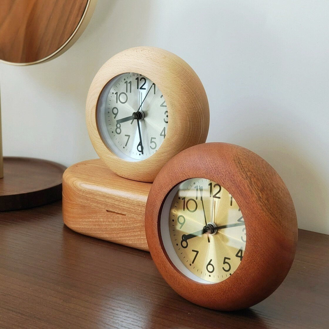 Solid Wood Desk & Table Analog Alarm Clock with Silent Movement and Night Light