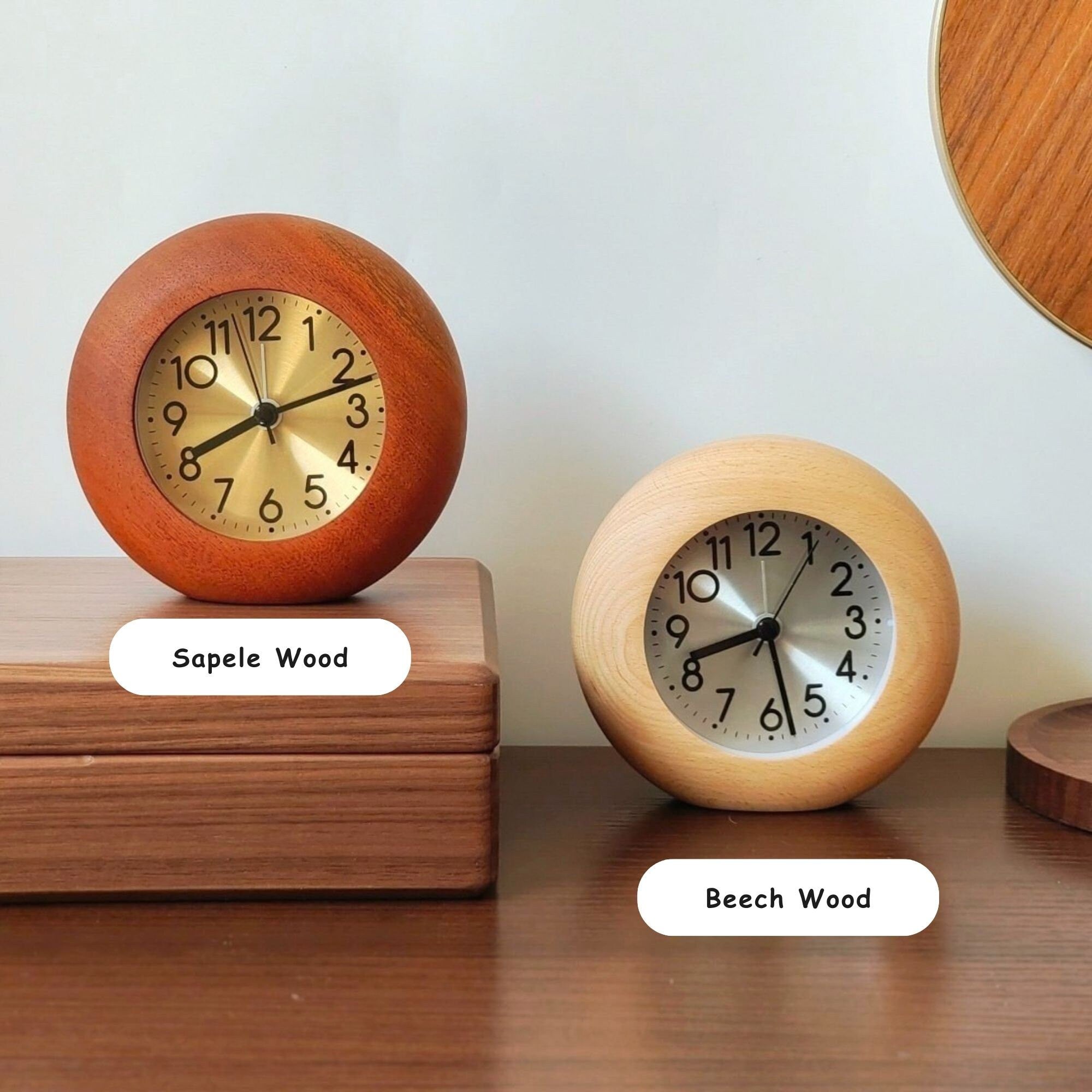 Solid Wood Desk & Table Analog Alarm Clock with Silent Movement and Night Light