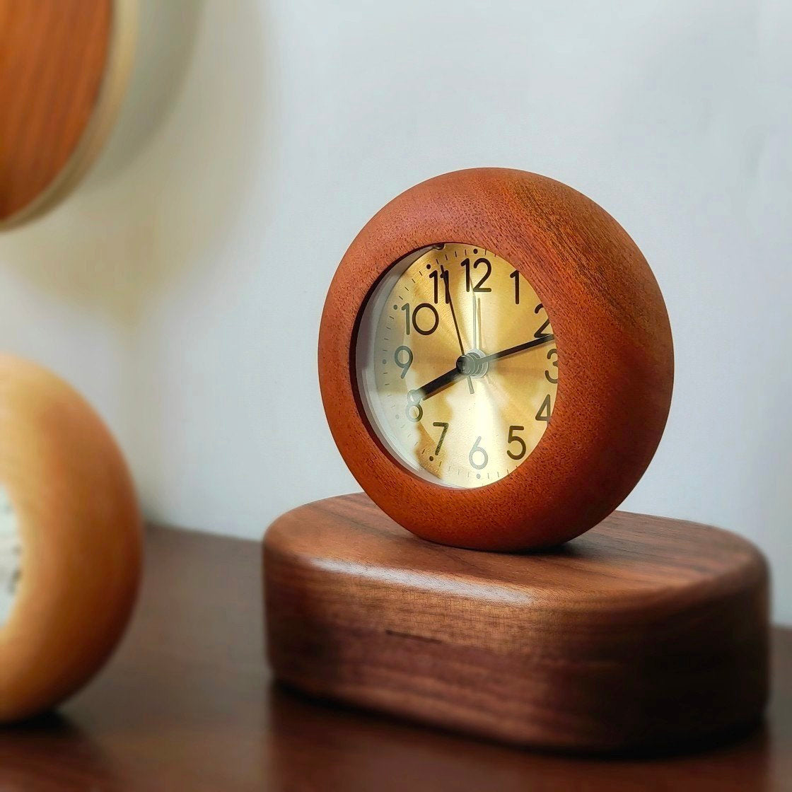 Solid Wood Desk & Table Analog Alarm Clock with Silent Movement and Night Light