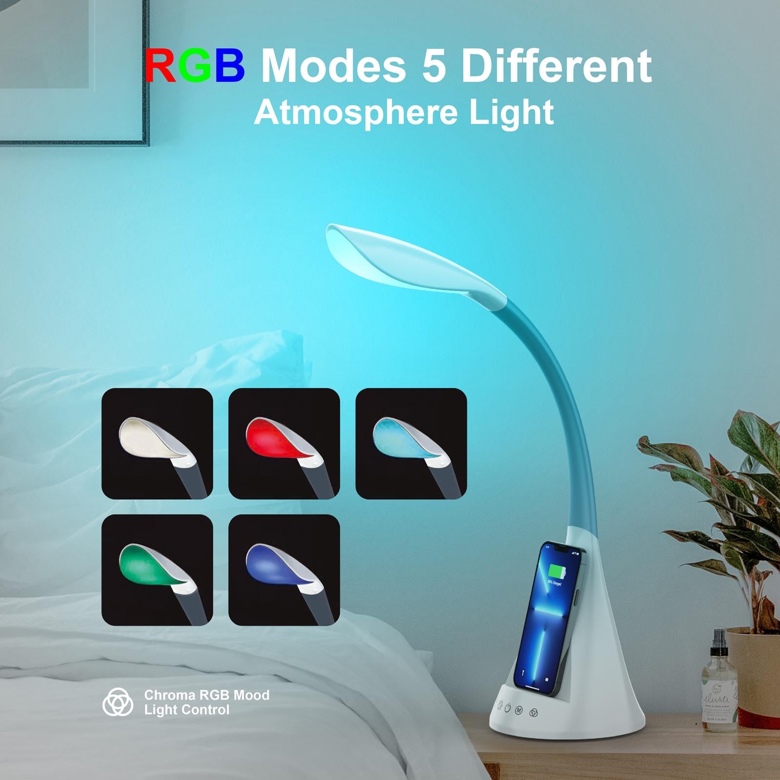 Dimmable LED Desk Lamp with Wireless Charger, Adjustable Gooseneck