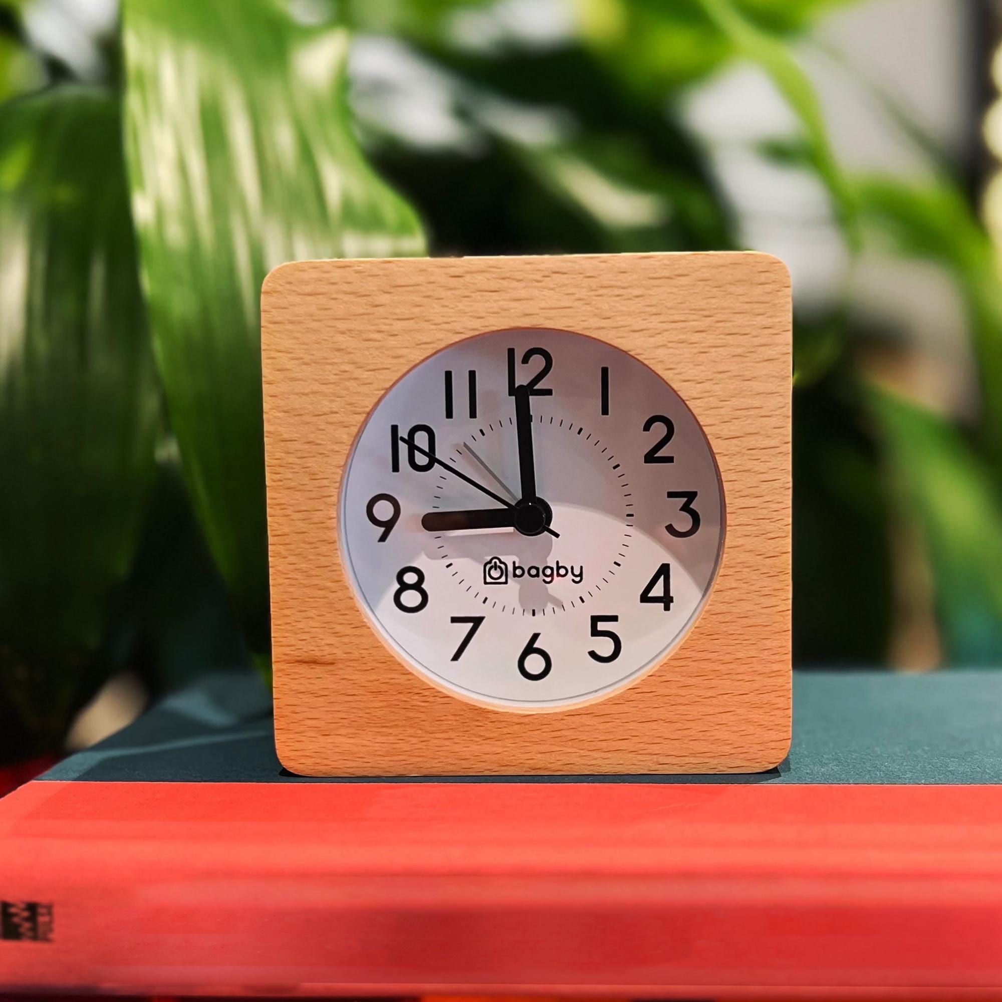 Minimalist Silent Natural Wood Analog Alarm Clock with Snooze and Night Light