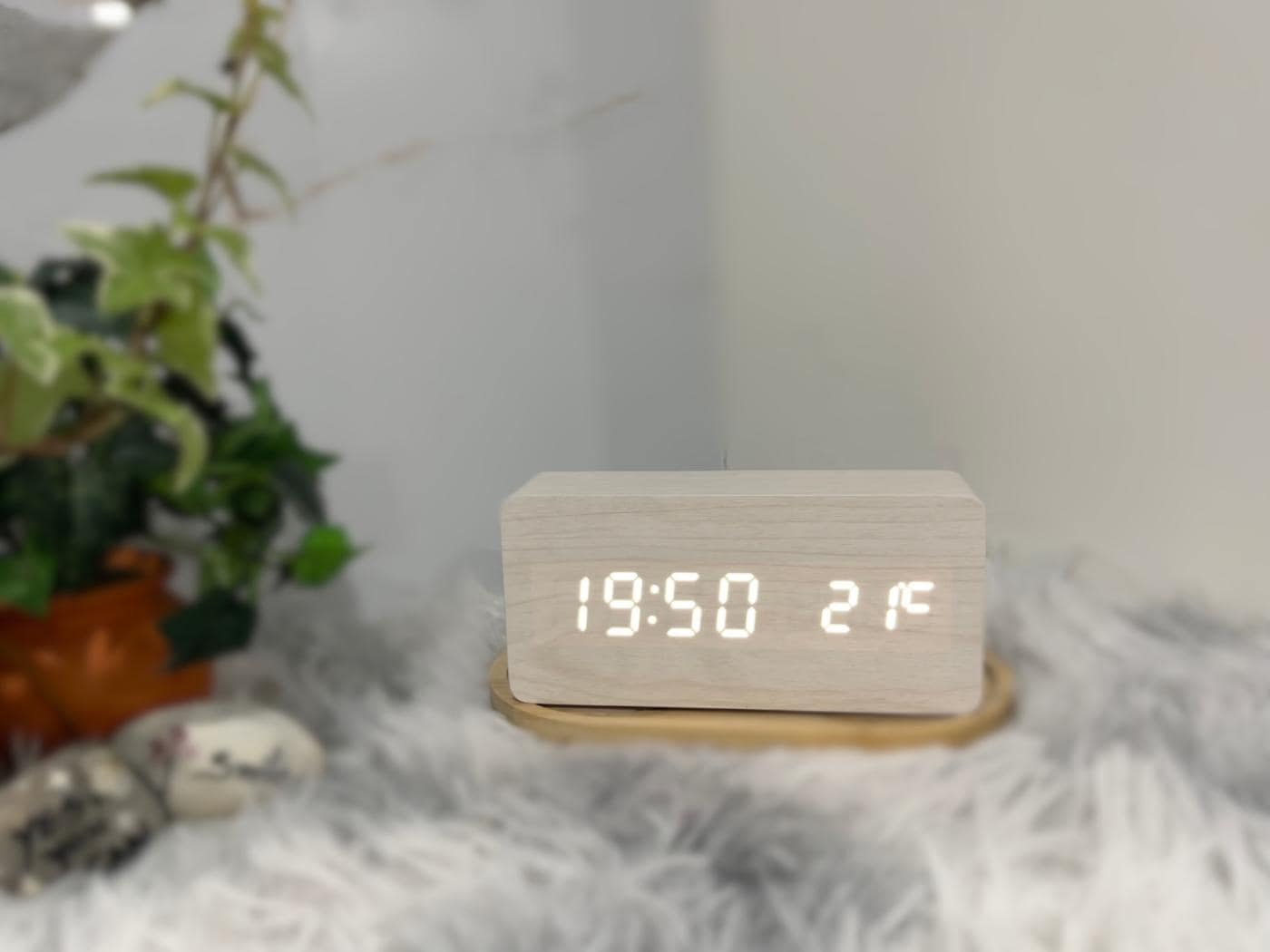 Wood LED Alarm Clock with Voice Control and 12/24H Display