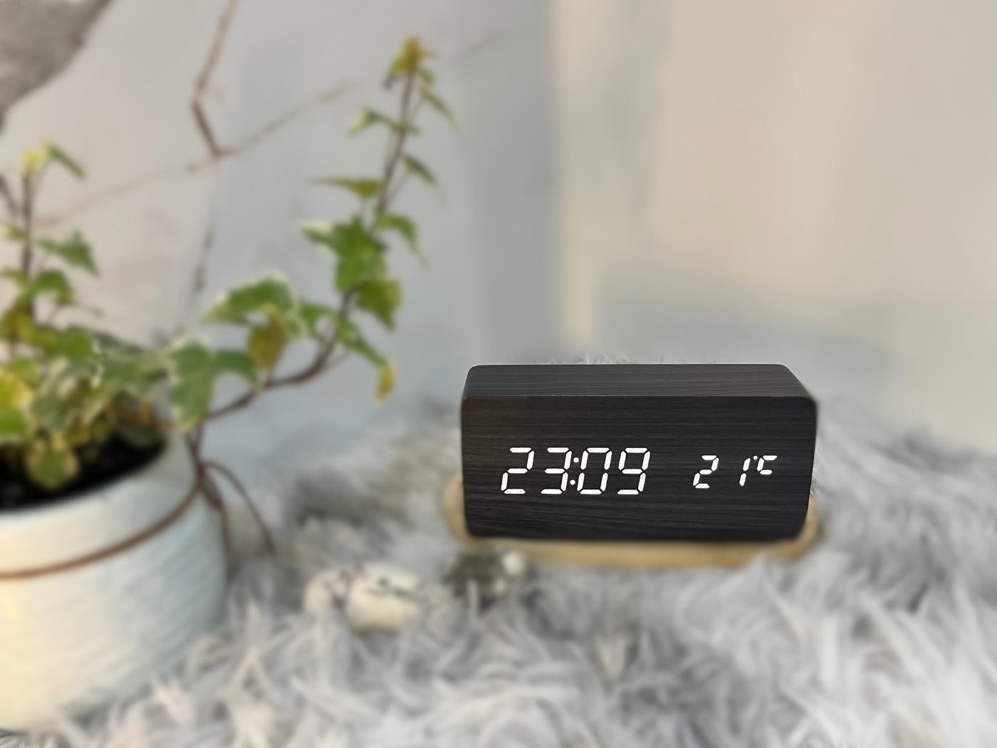 Wood LED Alarm Clock with Voice Control and 12/24H Display