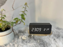 Wood LED Alarm Clock with Voice Control and 12/24H Display