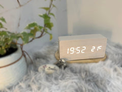 Wood LED Alarm Clock with Voice Control and 12/24H Display