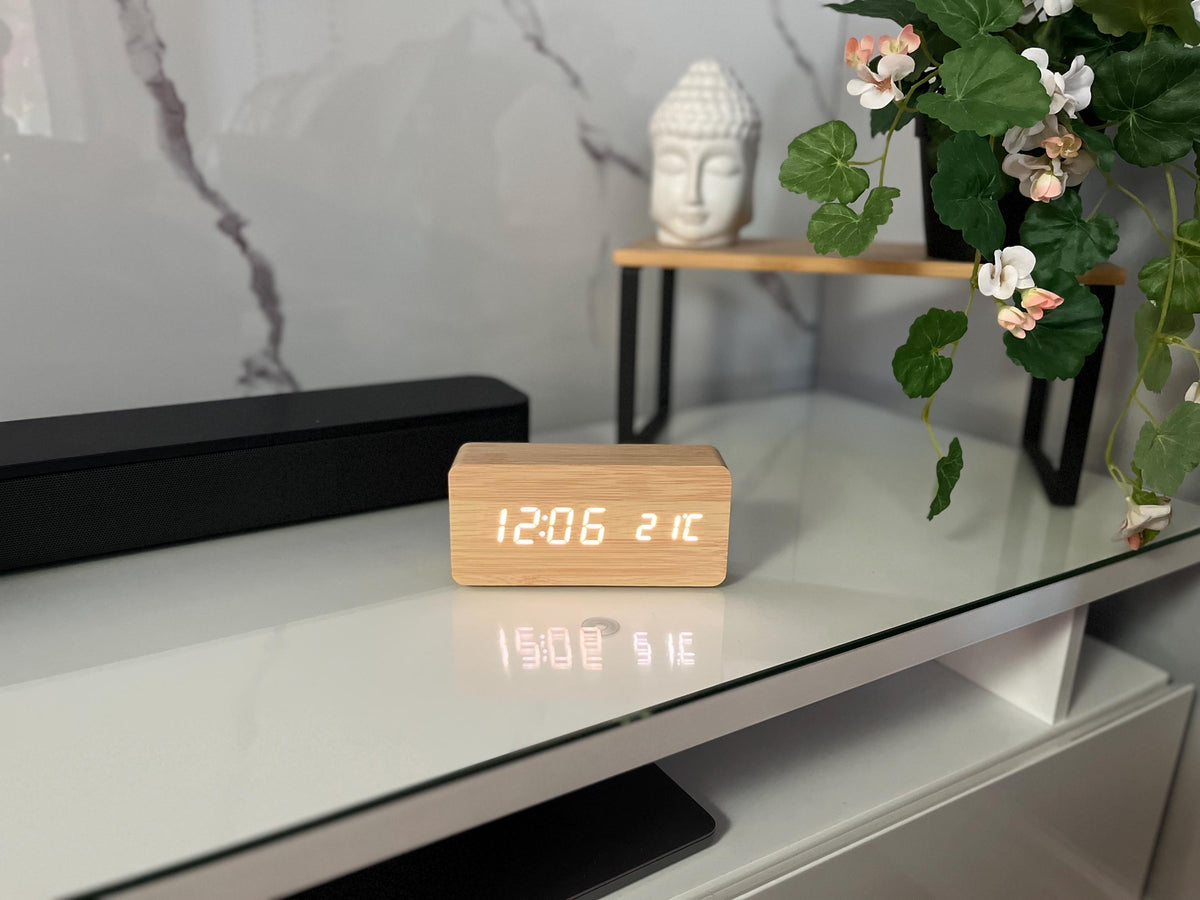 Wood LED Alarm Clock with Voice Control and 12/24H Display