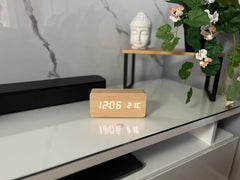 Wood LED Alarm Clock with Voice Control and 12/24H Display