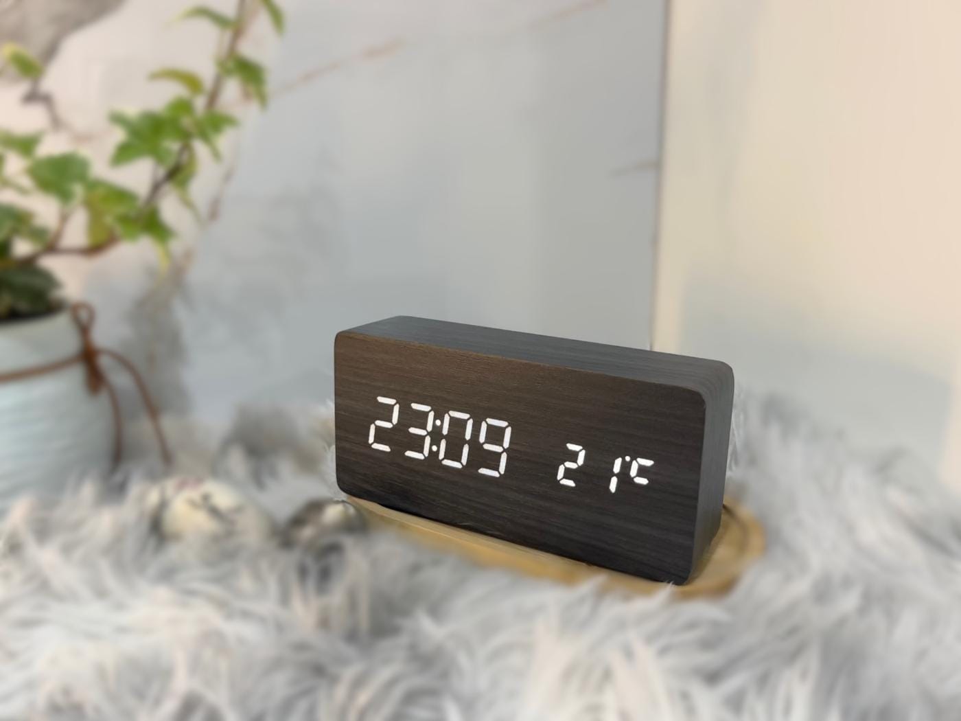 Wood LED Alarm Clock with Voice Control and 12/24H Display
