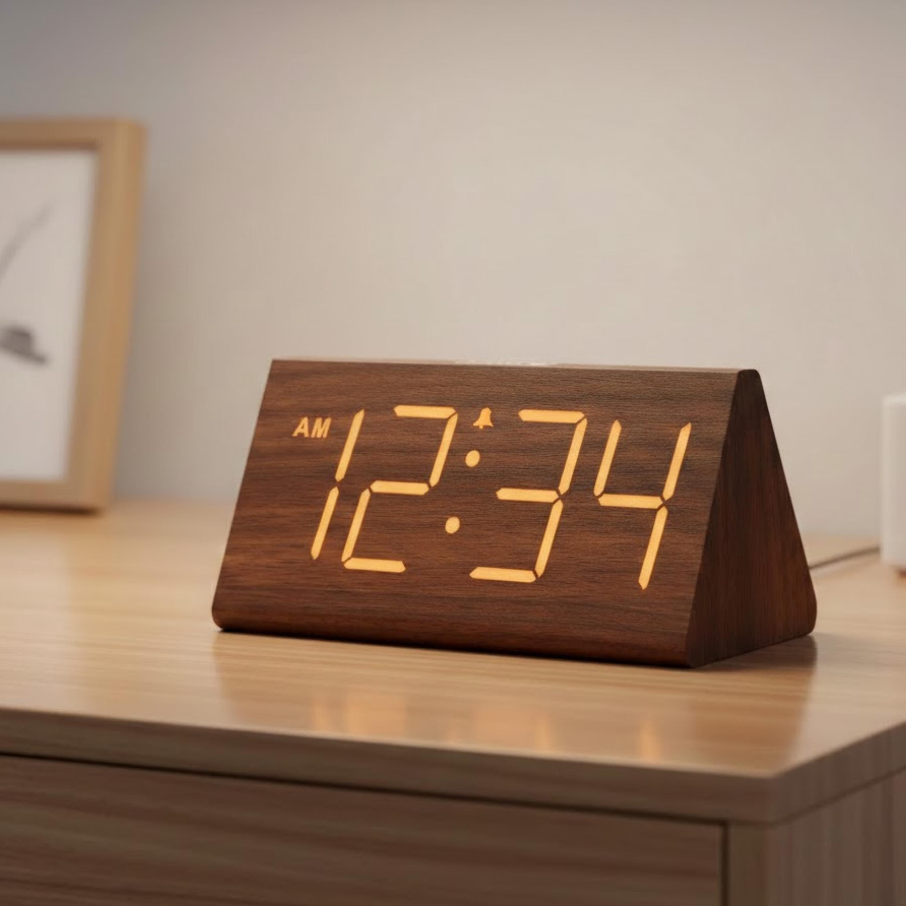 Wooden LED Digital Alarm Clock with USB Charging and Adjustable Brightness