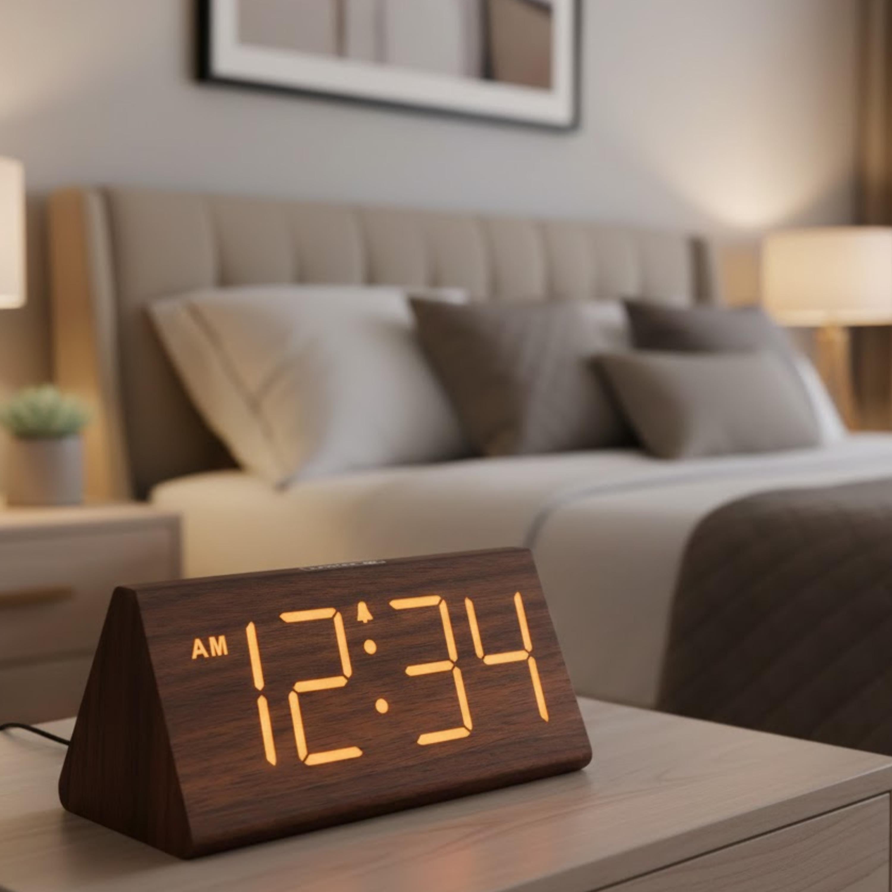 Wooden LED Digital Alarm Clock with USB Charging and Adjustable Brightness