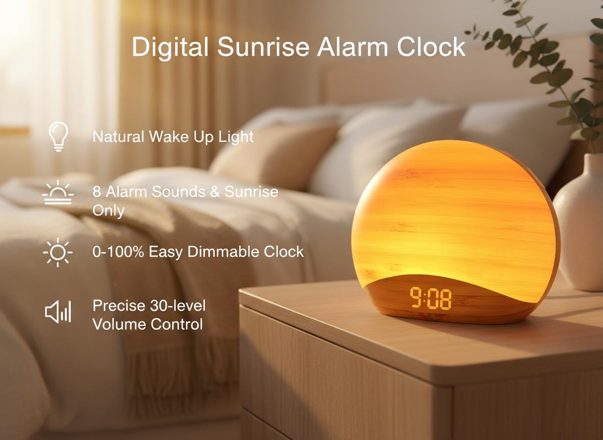 Natural Wood Grain Sunrise Alarm Clock with 26 Sleep Sounds, Dimmable Digital Clock & Night Light