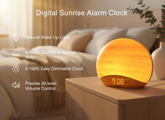 Natural Wood Grain Sunrise Alarm Clock with 26 Sleep Sounds, Dimmable Digital Clock & Night Light