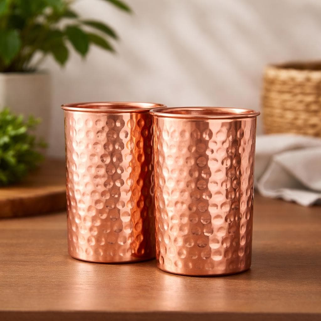 Pure Copper Tumbler Water Drinking Hammered Cup Mug Glass