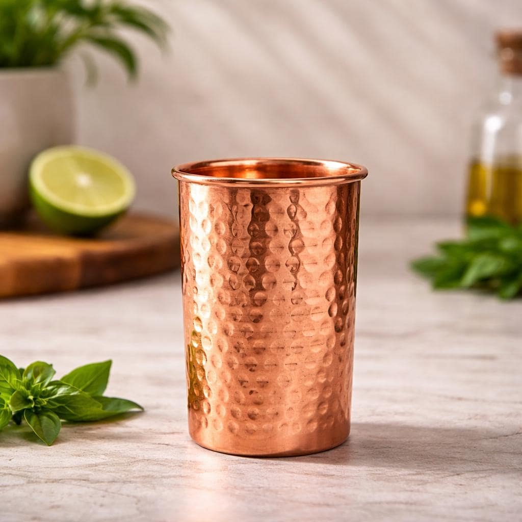 Pure Copper Tumbler Water Drinking Hammered Cup Mug Glass