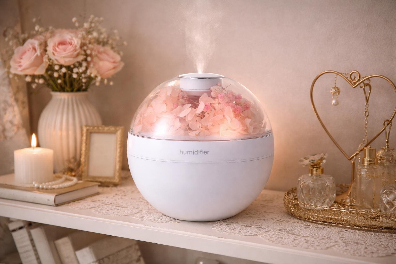 Floral Ultrasonic Humidifier | Quiet Bedroom Desk Diffuser | Decorative Flower Dome