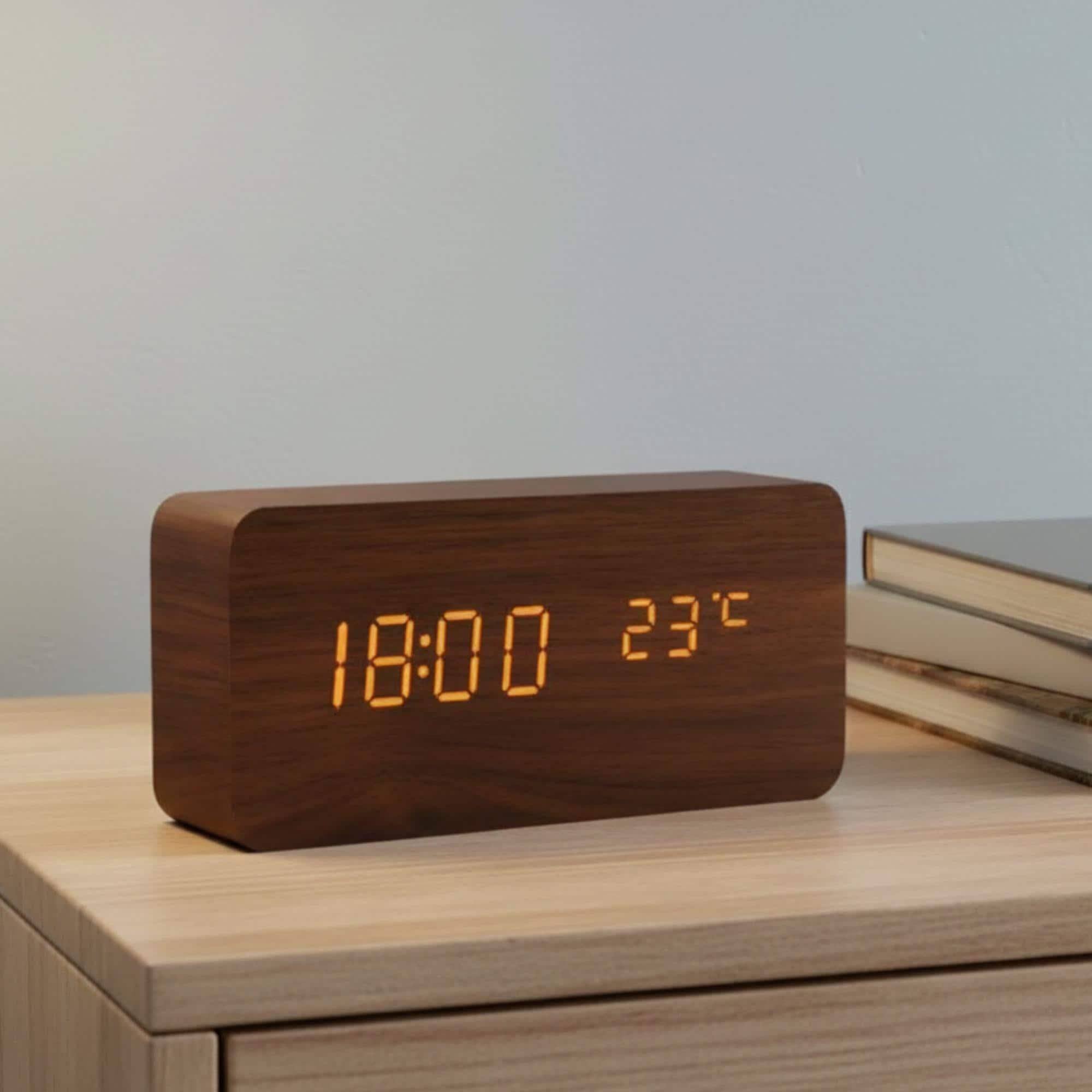 Wooden Alarm Clock with Voice Control, Digital Display, Temperature Reading, Time and Date, Modern Design, Desk Accessory, Bedroom Decor, Minimalist Style