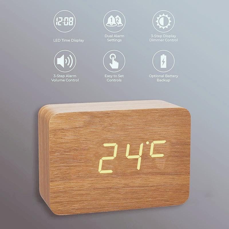 Wooden Digital Alarm Clock with Temperature, LED Desk Clock