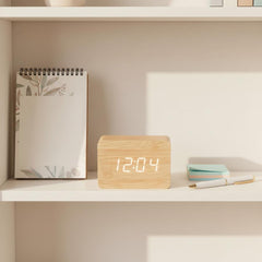 Wooden Digital Alarm Clock with Temperature, LED Desk Clock