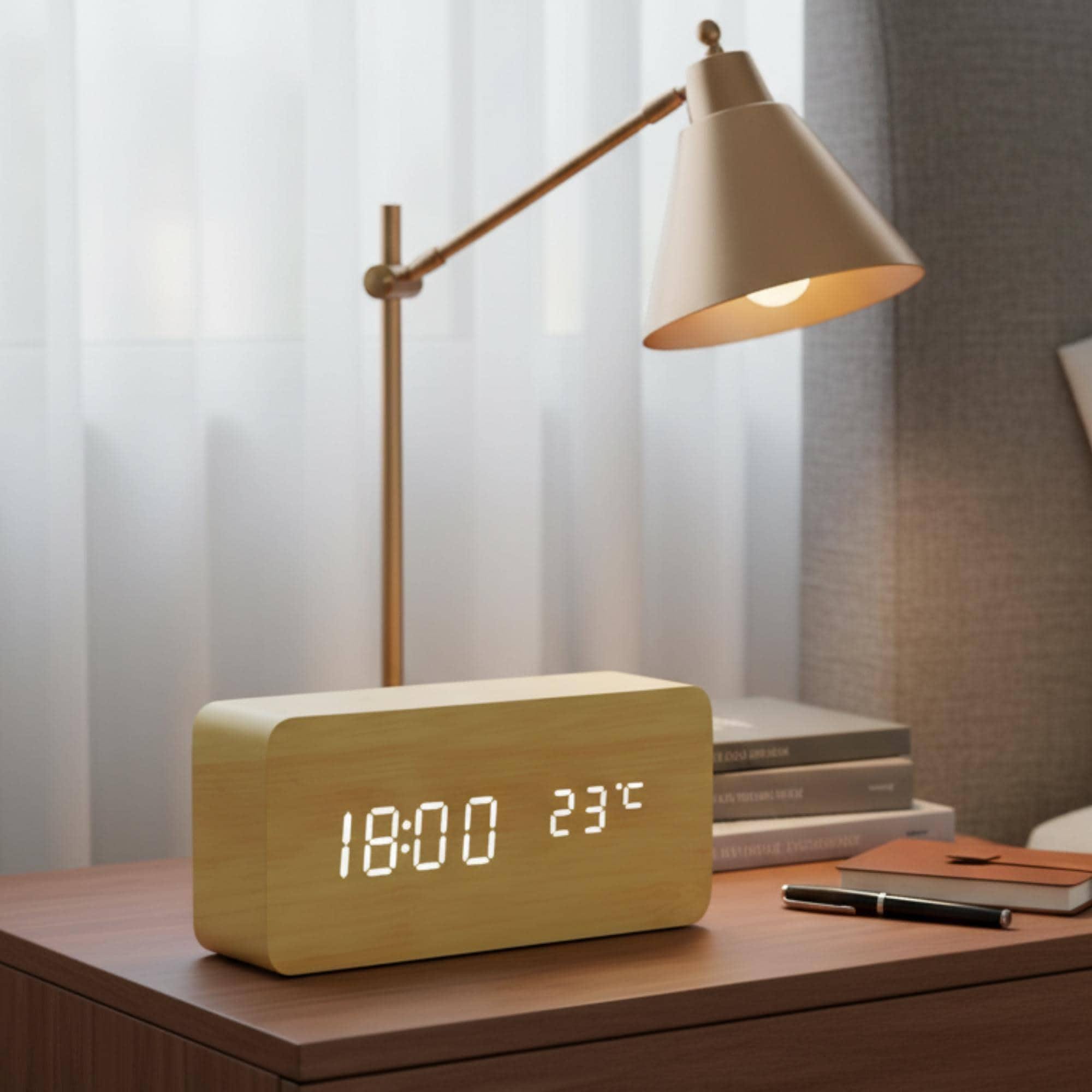 Wooden Alarm Clock with Voice Control, Digital Display, Temperature Reading, Time and Date, Modern Design, Desk Accessory, Bedroom Decor, Minimalist Style