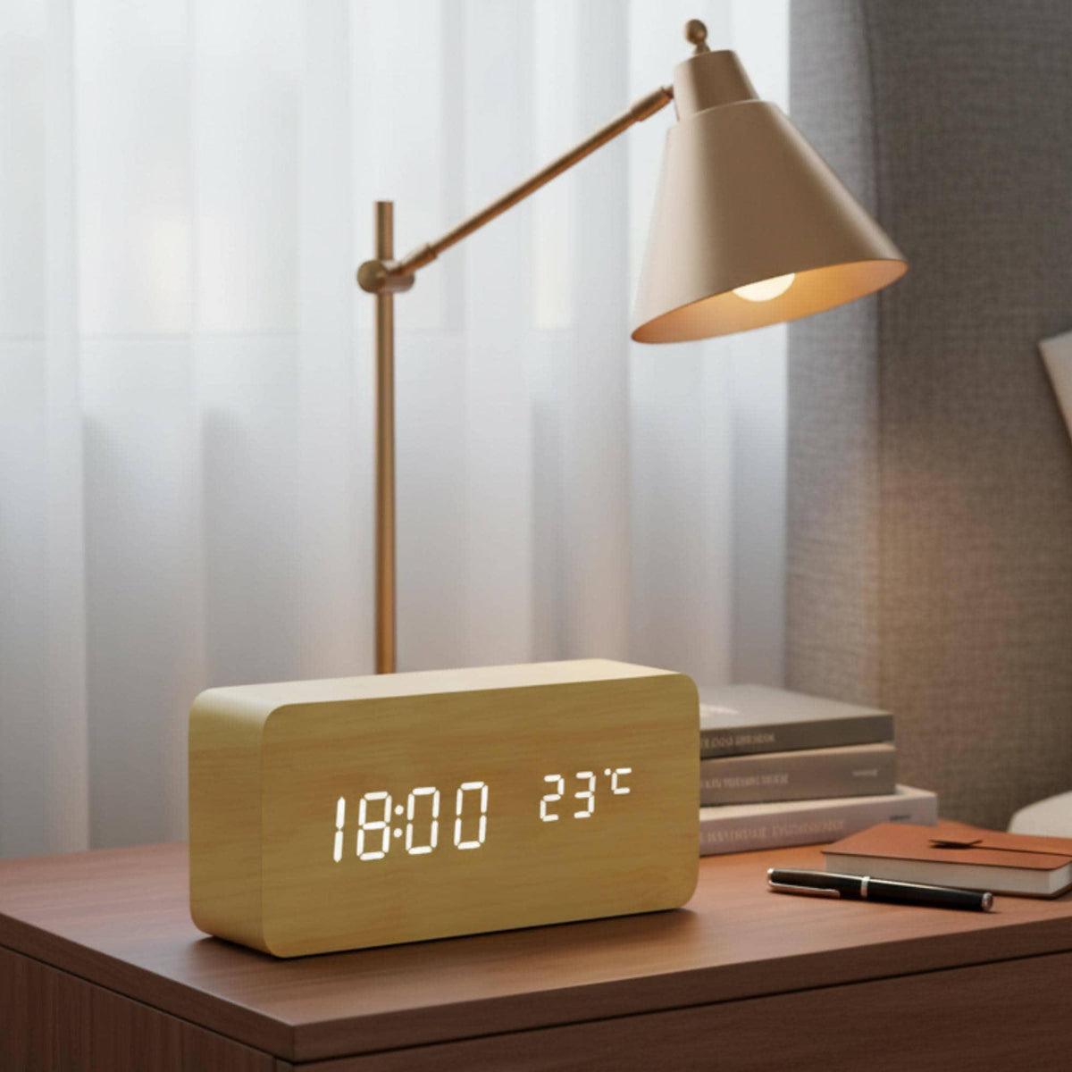 Wooden Alarm Clock with Voice Control, Digital Display, Temperature Reading, Time and Date, Modern Design, Desk Accessory, Bedroom Decor, Minimalist Style