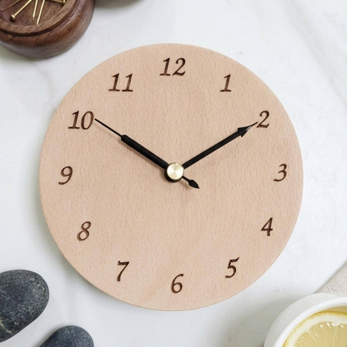 Minimalist Wood Table Clock: Round Edgeless Mid Century Modern Scandi Alarm Accessory