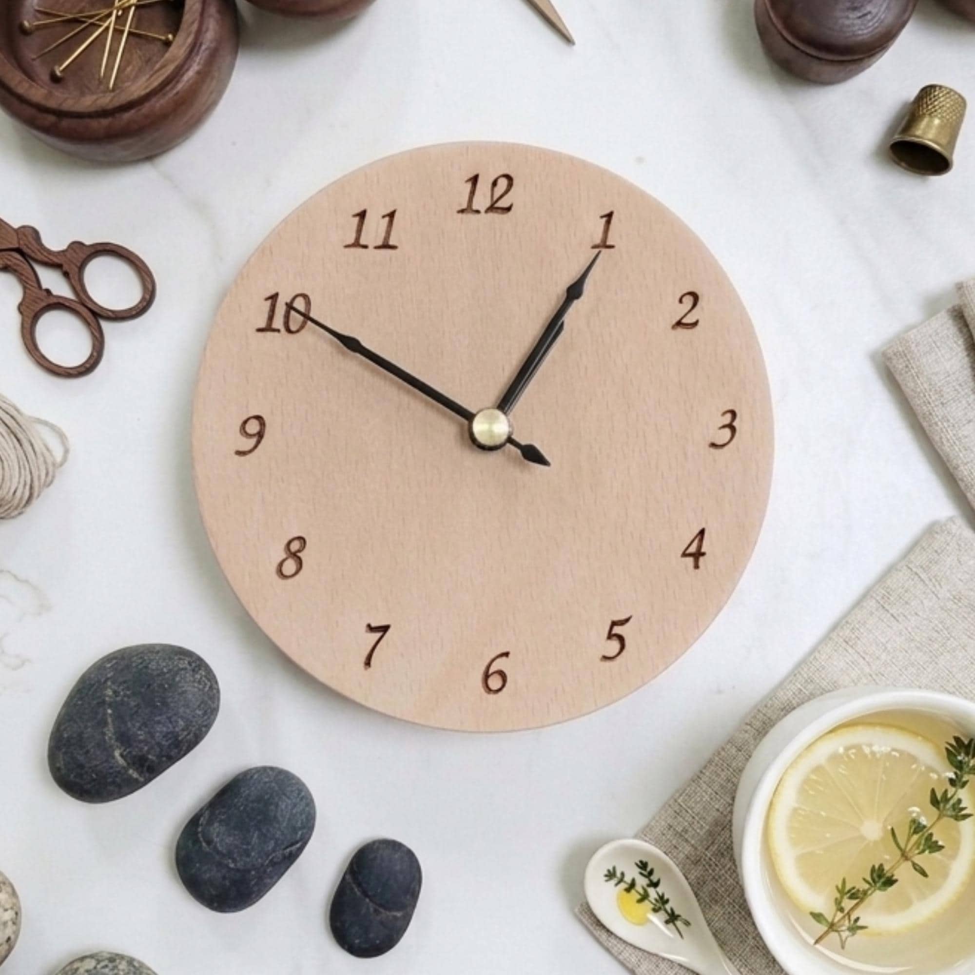 Minimalist Wood Table Clock: Round Edgeless Mid Century Modern Scandi Alarm Accessory