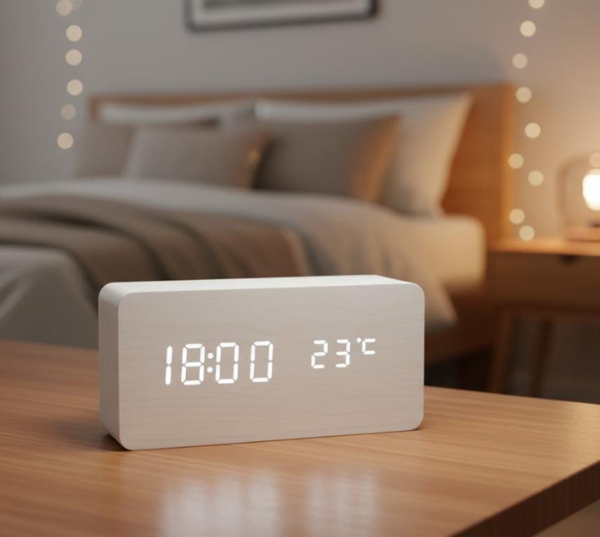 Modern Wooden LED Alarm Clock, Voice Control Digital Desk Clock, Minimalist Home Decor, 12/24H Display