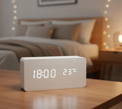 Modern Wooden LED Alarm Clock, Voice Control Digital Desk Clock, Minimalist Home Decor, 12/24H Display