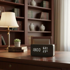 Modern Wooden LED Alarm Clock, Voice Control Digital Desk Clock, Minimalist Home Decor, 12/24H Display