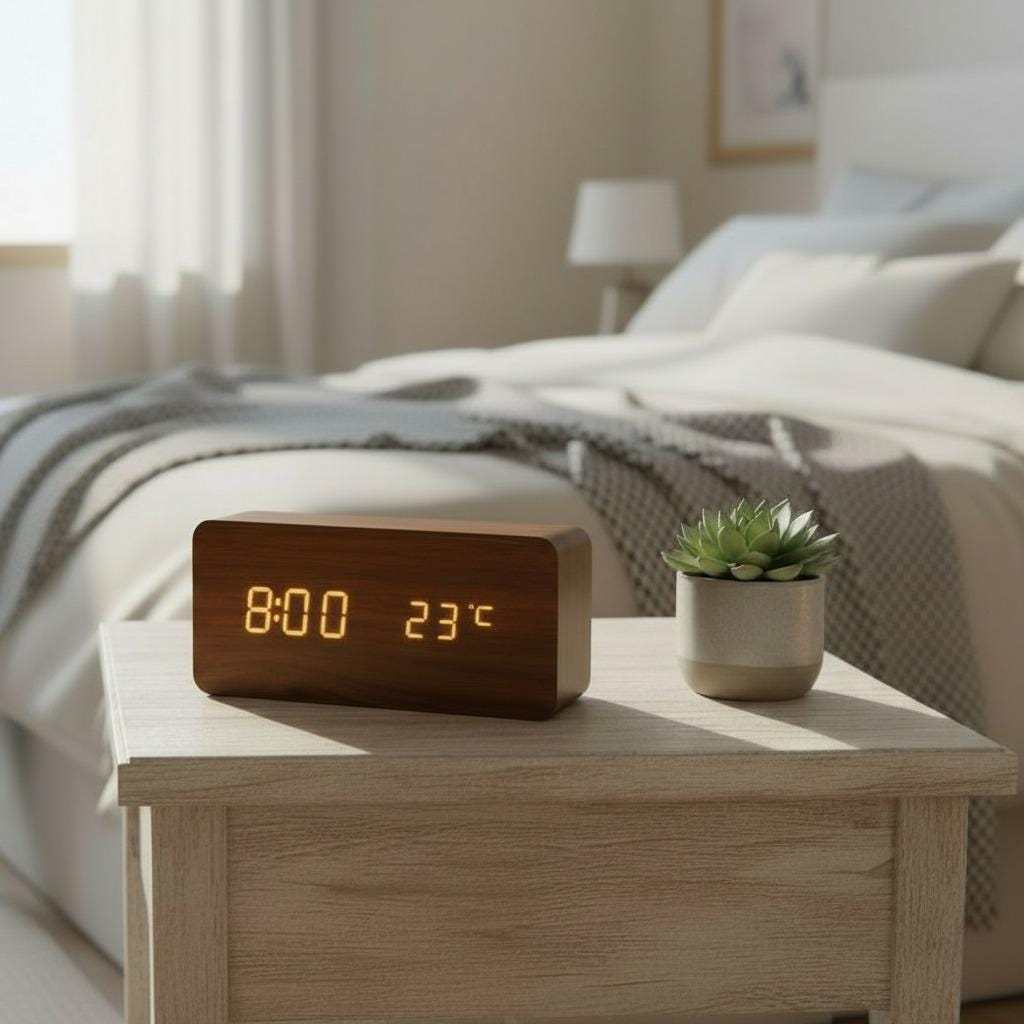 Modern Wooden LED Alarm Clock, Voice Control Digital Desk Clock, Minimalist Home Decor, 12/24H Display