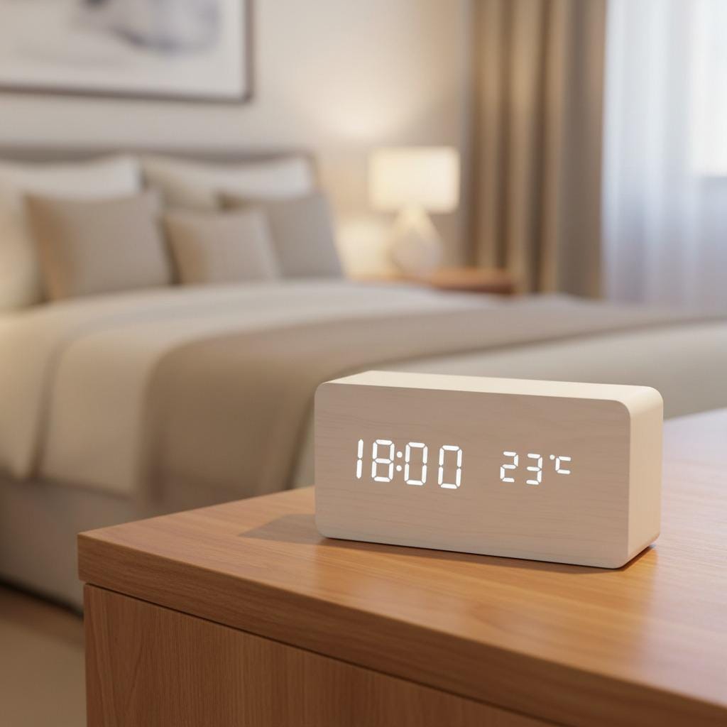 Modern Wooden LED Alarm Clock, Voice Control Digital Desk Clock, Minimalist Home Decor, 12/24H Display