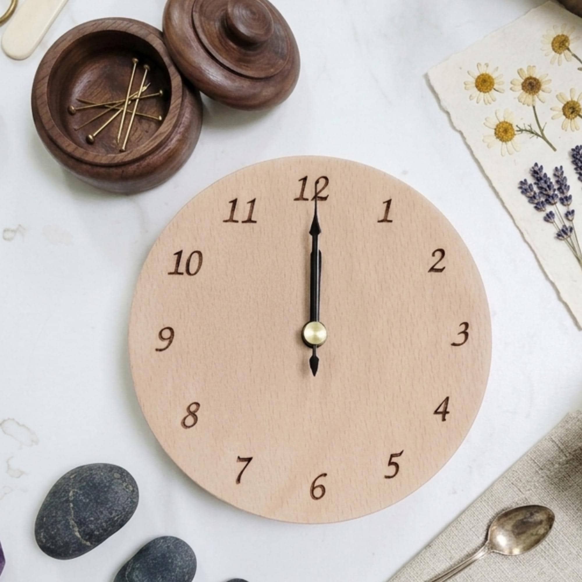 Minimalist Wood Table Clock: Round Edgeless Mid Century Modern Scandi Alarm Accessory