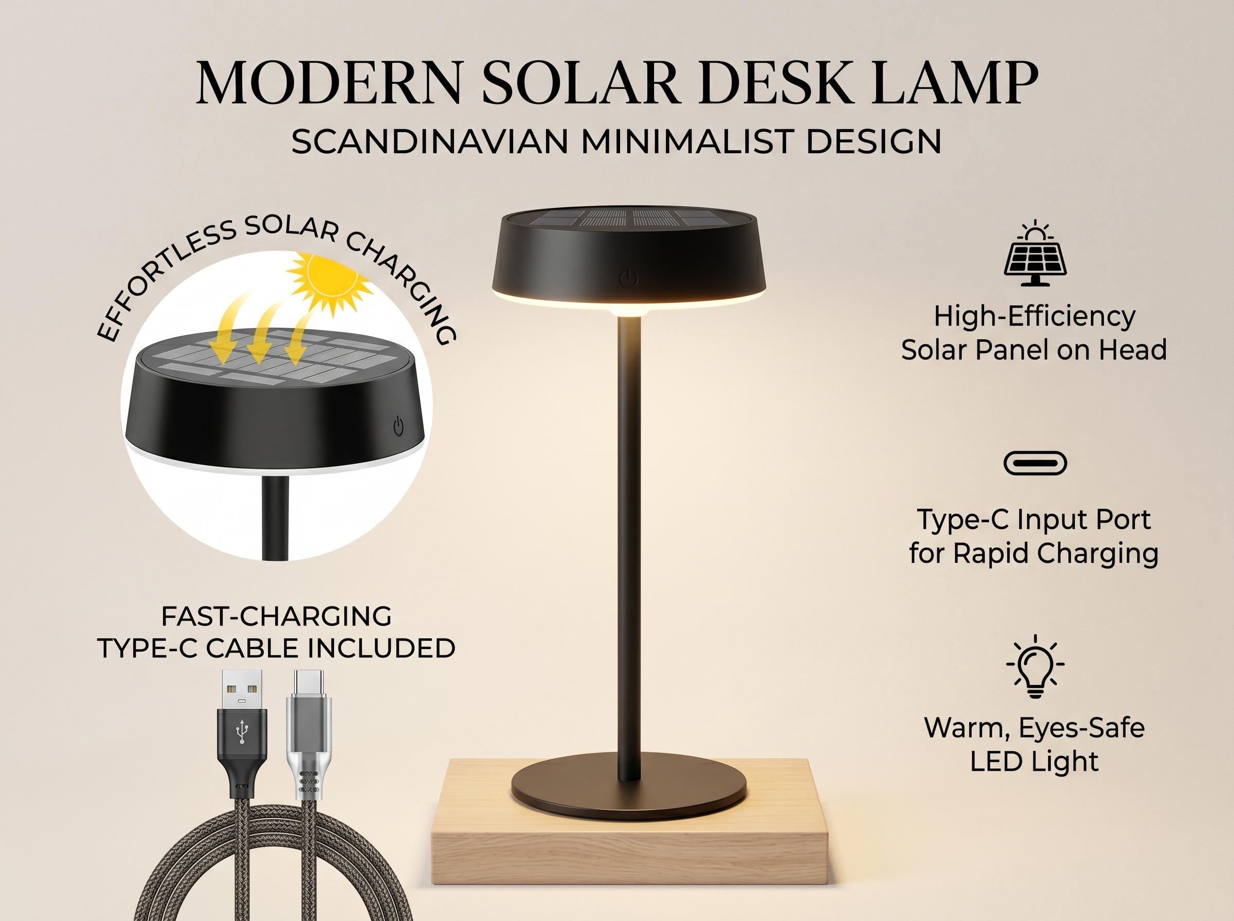 Cordless Solar Table Lamp, Rechargeable Waterproof Desk Lamp, Dimmable LED Night Light, Minimalist Touch Lamp for Bedroom Camping Patio