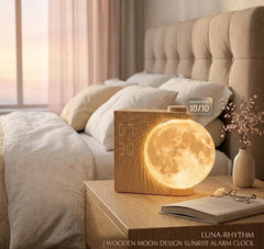 Wooden Moon Design Sunrise Simulator Alarm Clock with RGB Bedside Lamp and Nature Sounds