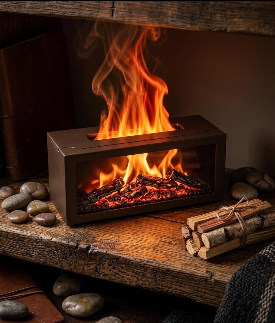 Flame Effect Essential Oil Diffuser - Realistic Fireplace Aromatherapy Humidifier - Ambient Flame Lamp