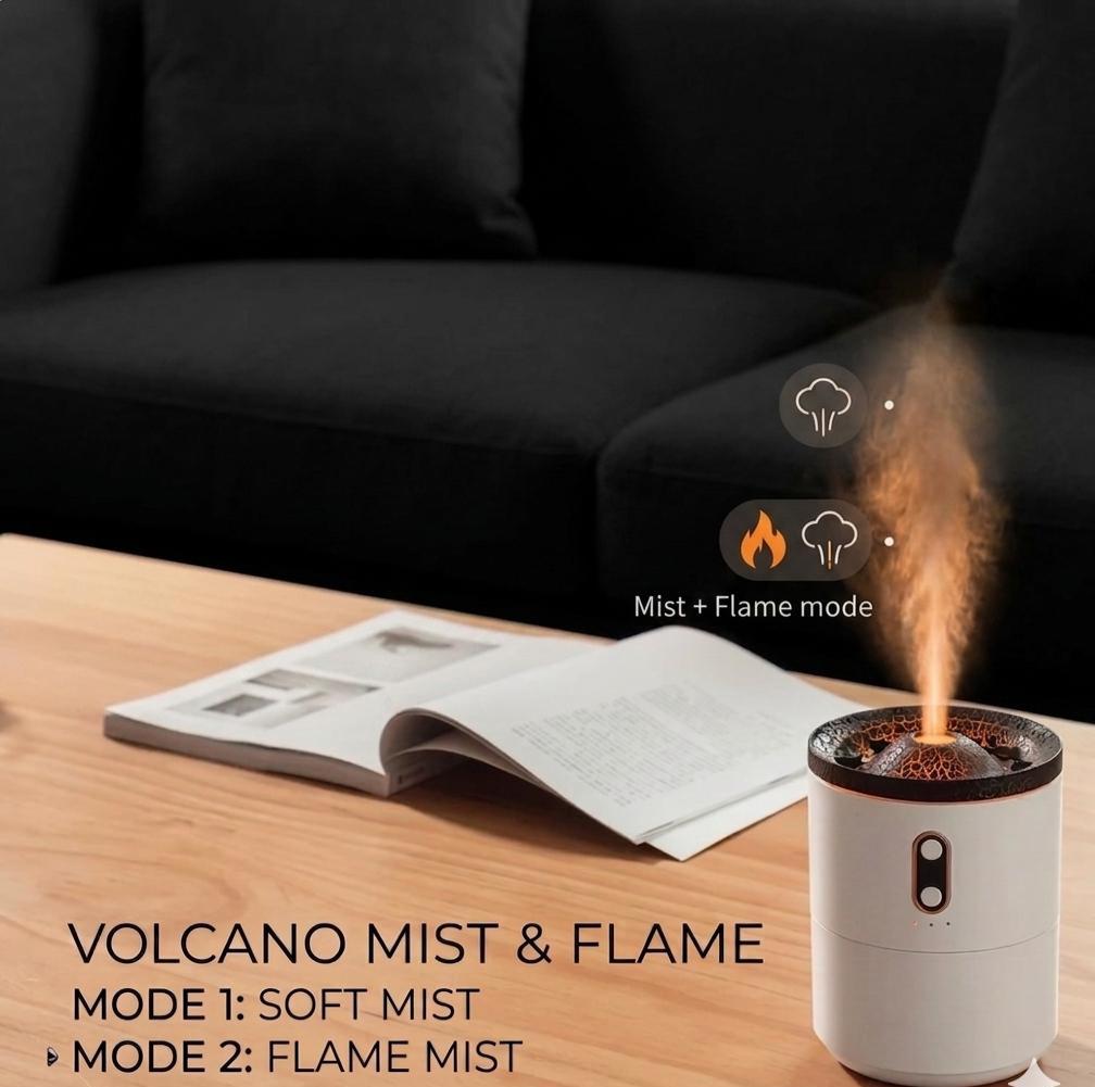 Volcano Humidifier & Flame Diffuser - Cozy Bedroom Decor, Stress Relief, Modern Desk Accessory
