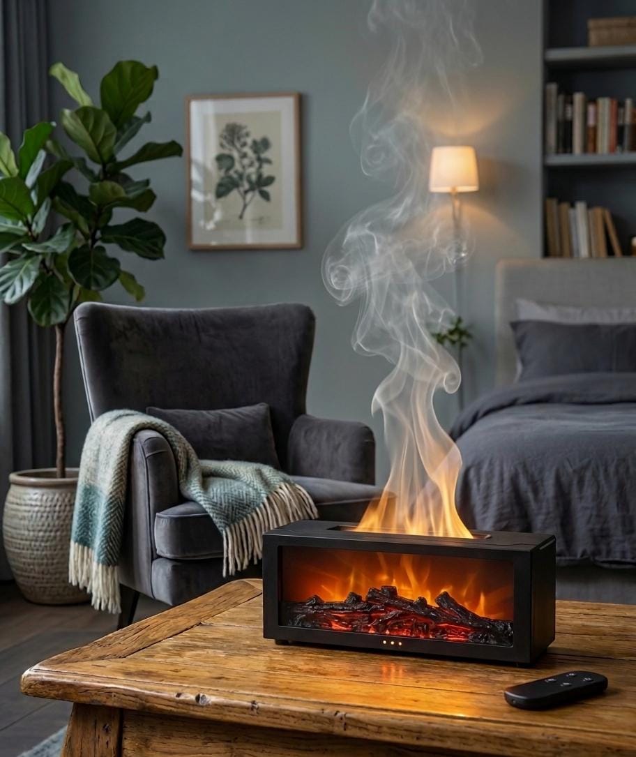 Flame Effect Essential Oil Diffuser - Realistic Fireplace Aromatherapy Humidifier - Ambient Flame Lamp