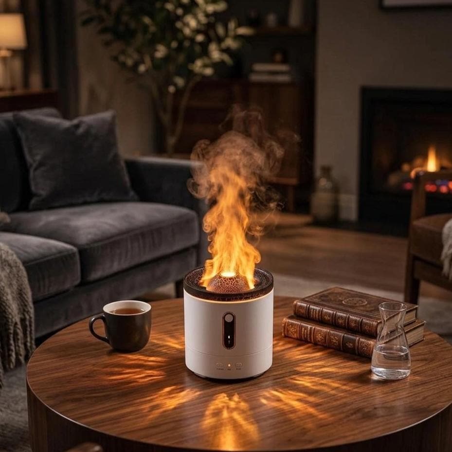 Volcano Humidifier & Flame Diffuser - Cozy Bedroom Decor, Stress Relief, Modern Desk Accessory